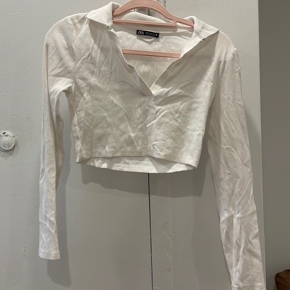 Zara Tops Zara White Long Sleeve Crop Top With Collar Poshmark